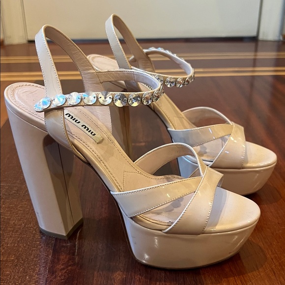 Miu Miu Beige Platform Sandals with Crystal Accents